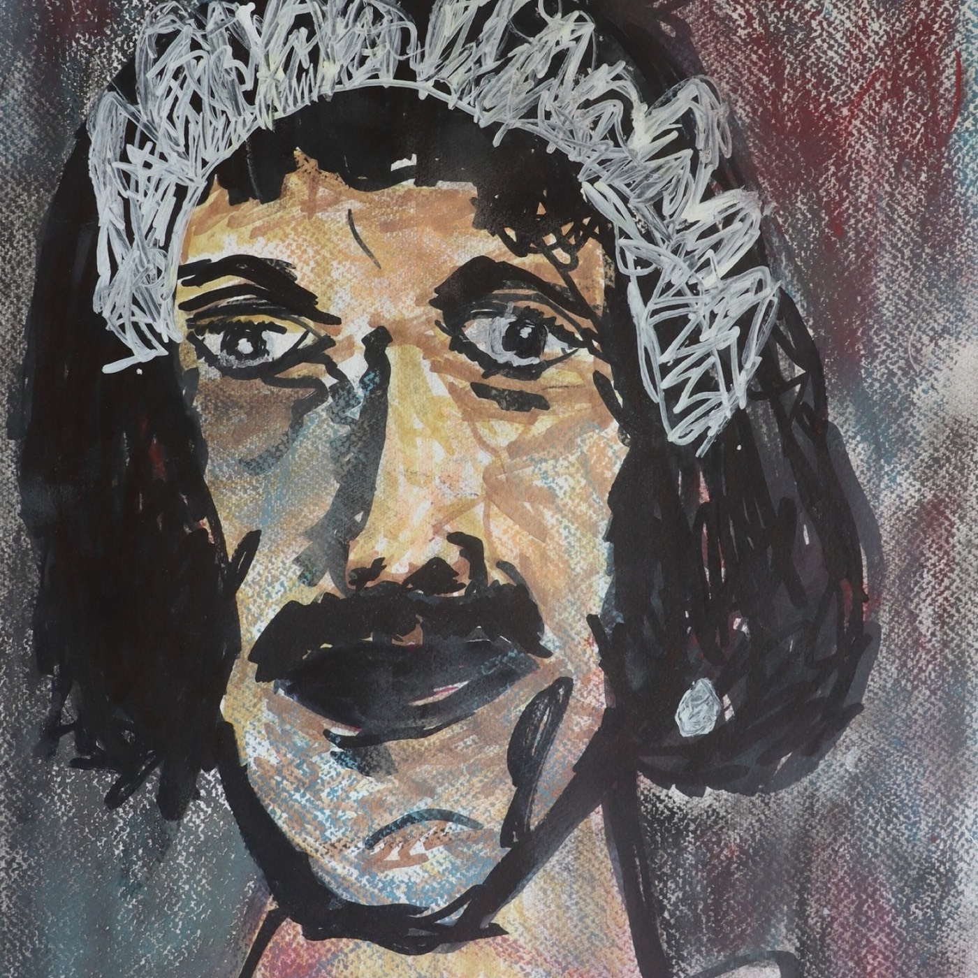 A painted face with dark hair, a heavy moustache and a white lace cap, looking straight out