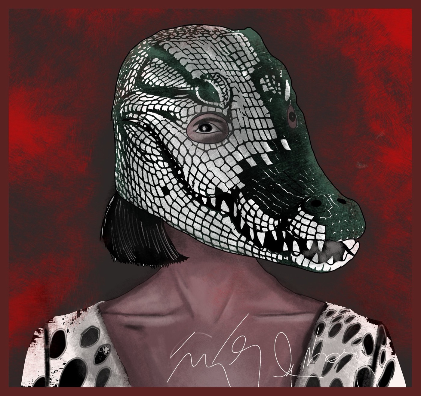 A figure in a green crocodile mask and a spotted collar against a dark red wall