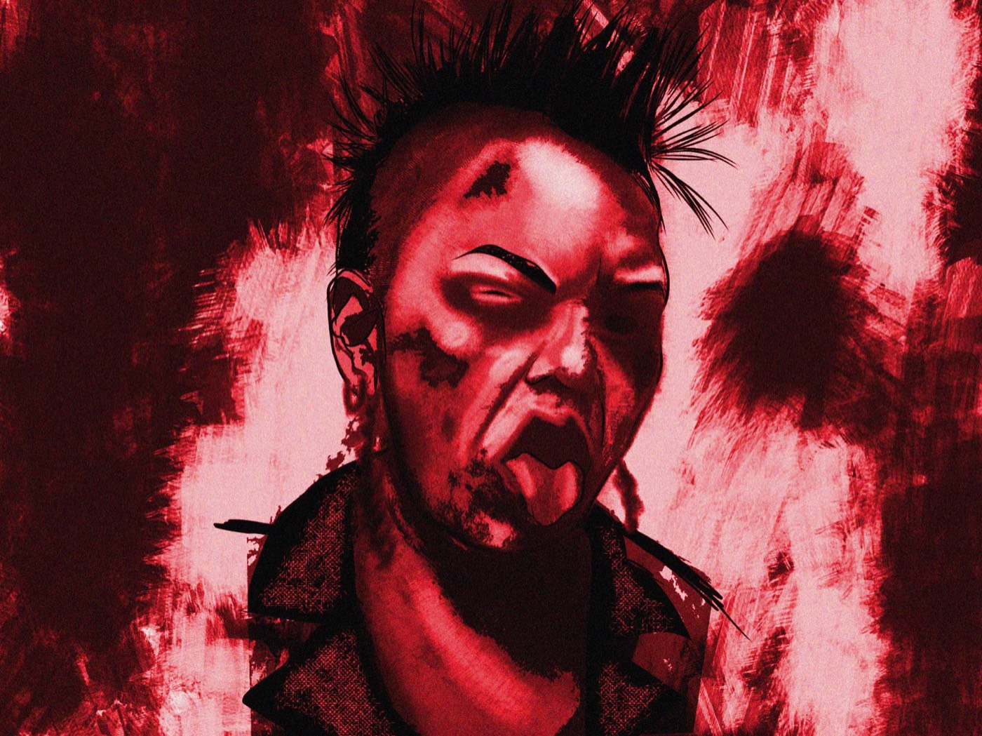 A drawing of a young man with a spiked crest of hair and his tongue out, in reds and pinks
